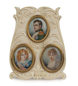 NAPOLEON BONAPARTE and family miniature portrait triptych in carved ivory frame, 19th century, 9 x 7cm