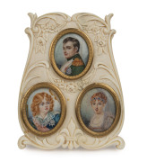 NAPOLEON BONAPARTE and family miniature portrait triptych in carved ivory frame, 19th century, ​9 x 7cm