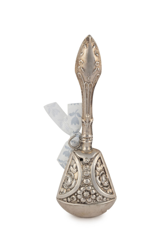 A silver baby rattle with floral decoration, early 20th century, ​12cm high