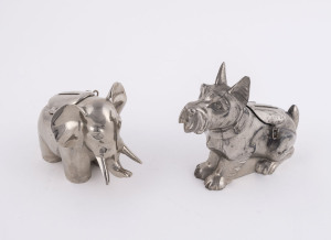 A Scottie dog money box and an elephant money box, nickel plated cast metal, circa 1920, (2 items), 11.5cm high