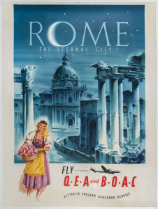 ROME - THE ETERNAL CITY c1955 colour lithograph, signed “Stewart” in image lower right, 102 x 76cm. Linen-backed. “Fly Q.E.A. and B.O.A.C. Australia-England Kangaroo Service. Posters P/L Sydney.”