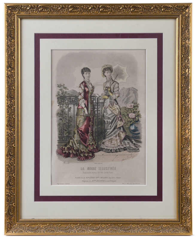 Set of three French fashion coloured engravings, gilt framed and attractively mounted, ​56 x 45cm overall