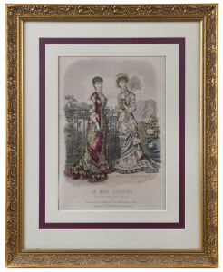 Set of three French fashion coloured engravings, gilt framed and attractively mounted, ​56 x 45cm overall