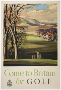 ROWLAND HILDER (British, 1905 – 1993). Come To Britain For GOLF c1948 colour lithograph, signed in image lower right, 76 x 50cm. Linen-backed. Text continues “By Rowland Hilder. Published by the Travel Association of Great Britain and Northern Ireland 