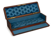 A fine French glove box, kingwood and amboyna inlaid with brass and mother of pearl with ebony stringing, interior sumptuously upholstered in diamond studded blue silk, with original key, circa 1870, ​9cm high, 30cm wide, 10cm deep - 2