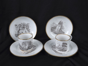 SPODE "Bat Printed" pair of English porcelain teacups, saucers and side plates, circa 1815, the plates 15.5cm diameter