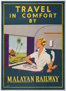 J.R. CHARTON (Britain/Malaya, active 1920s–1940s) TRAVEL IN COMFORT BY MALAYAN RAILWAY c1933 colour lithograph, signed in image lower left, 72.5 x 53cm. Linen-backed. "Printed by Caxton Press Ltd, Kuala Lumpur.”