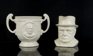 "Champions Of Democracy WINSTON CHURCHILL & ROOSEVELT" porcelain loving cup by Burleigh Ware, together with a Winston Churchill character jug modelled by Frank Potts for Meakin, (2 items), 17.5cm and 16.5cm high