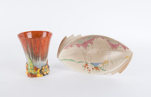 CLARICE CLIFF English Art Deco porcelain bowl and vase, circa 1930s, both stamped "Clarice Cliff, Wilkinson Ltd. England", (2 items), the bowl 32cm wide