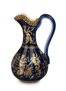 GIEN French porcelain ewer with mythological figures, 20th century, stamped "Gien, France", 24cm high
