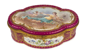 SEVRES French porcelain jewellery casket with ormolu mounts and hand-painted lid signed "BERNIER", circa 1900, 7cm high, 23cm wide, 15cm deep