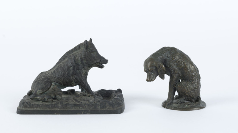 A bronze figure of a sitting dog and a bronze wild boar statue titled "Il Porcellino" of which a full sized replica adorns the old Sydney Hospital in Macquarie St, 19th and 20th century, 6cm and 8cm high, (2 items)