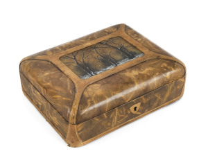 DAUM NANCY French cigar box, beautifully crafted in tooled leather with cameo glass winter landscape panel top, interior sumptuously lined in original yellow silk, late 19th century, rare and in remarkably good condition, signed "Daum, Nancy", with cross of Lorraine, 7.5cm high, 20cm wide, 16cm deep