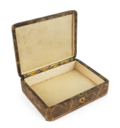 DAUM NANCY French cigar box, beautifully crafted in tooled leather with cameo glass winter landscape panel top, interior sumptuously lined in original yellow silk, late 19th century, rare and in remarkably good condition, signed "Daum, Nancy", with cross - 3