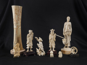 African carved ivory statue, carved bone vase, plus five assorted carved bone and ivory ornaments, early to mid 20th century, the largest 25.5cm high, (7 items)