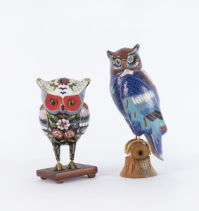 Two Chinese cloisonne owl statues, early and mid 20th century, 17cm and 21cm high
