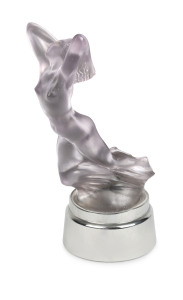 LALIQUE "Vitesse" car mascot hood ornament, French, circa 1930s, rare. Moulded "R. Lalique, France" around the base, very slight amethyst tint to glass, later custom make chrome plinth, 18.5cm high, 22cm high overall