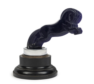 LALIQUE "Cinq Chevaux," car mascot hood ornament, French, circa 1930s, rare. Moulded "R. Lalique" near tail, fitted in an original chrome mount on later wooden plinth, 12cm high, 17cm high overall