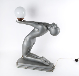 An Art Deco lamp with female figural nude, gesso and timber, circa 1930, ex Myers department store fixture, Melbourne, Australia. 77cm high