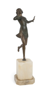 A German Art Deco statue of a running woman, patinated bronze on alabaster base, circa 1930, 35cm high