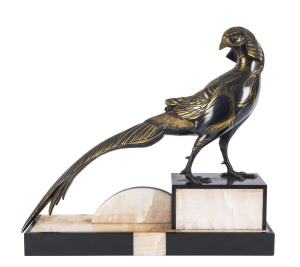 A French Art Deco "Pheasant" statue, gilt and patinated bronze on Belgium black slate and onyx base, circa 1930, 44cm high, 50cm wide