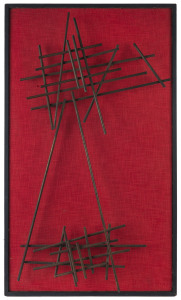 A retro wall sculpture, iron and red cloth, circa 1960s, ​56 x 97cm