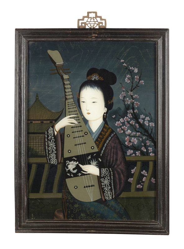 A pair of Chinese reverse glass paintings of female musicians, Qing Dynasty, early to mid 19th century, original frames 61 x 45cm overall