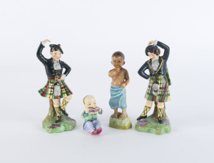 ROYAL WORCESTER English porcelain miniature statues "BURMAN" and "CHINA" both modelled by Doughty; together with a pair of Scottish highland dancer statues titled "Wee Laddie MacMillan" by Radnor of England, mid 20th century, (4 items), the largest 15cm high