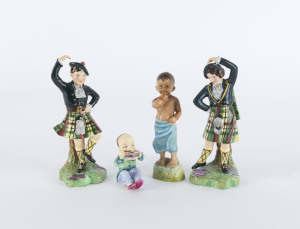 ROYAL WORCESTER English porcelain miniature statues "BURMAN" and "CHINA" both modelled by Doughty; together with a pair of Scottish highland dancer statues titled "Wee Laddie MacMillan" by Radnor of England, mid 20th century, (4 items), ​the largest 15cm 