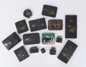 Group of ten Japanese cigarette and cigar cases, three lighters, a powder compact and a miniature music box, 20th century, (15 items), the largest 17cm high
