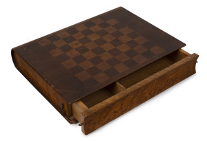 A book box with chess board games top and wooden chess pieces, maple and walnut, 19th century, 37cm high