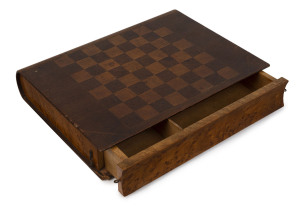 A book box with chess board games top and wooden chess pieces, maple and walnut, 19th century, ​37cm high