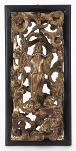 A Chinese panel, carved and gilded timber depicting a Sage floating in clouds, circa 1900, 26 x 13cm