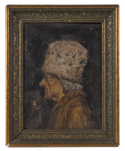 A Bohemian miniature portrait of a man in profile, oil on wooden panel, 19th century, ​paper label verso, 13 x 9cm