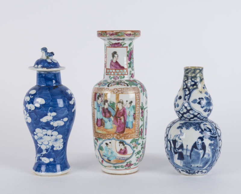 Three antique Chinese porcelain vases, 18th and 19th century, the largest 24.5cm high