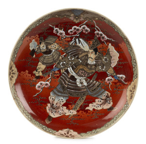 A Japanese Satsuma charger with samurai scene, late Meiji, early 20th century, 37cm diameter