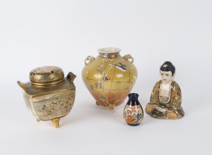 A fine Japanese Satsuma koro (lid damaged), bird vase, Buddha statue and miniature Satsuma vase, 19th and 20th century, the largest 18cm high