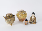 A fine Japanese Satsuma koro (lid damaged), bird vase, Buddha statue and miniature Satsuma vase, 19th and 20th century, ​the largest 18cm high