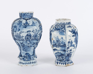 Two Dutch tin glazed earthenware blue and white vases, 18th century, 18cm and 21cm high