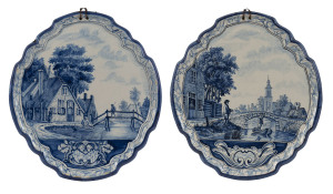 MAKKUM TICHELAAR pair of Dutch Delft wall plaques, 19th century, signed "Makkum" with monogram, ​36cm high