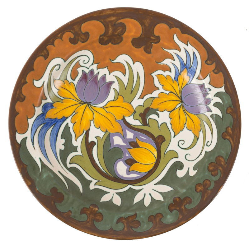 GOUDA Dutch Art Deco pottery charger with floral motif, circa 1920s, signed "2965/35 Damar, Gouda, Holland", 34.5cm diameter