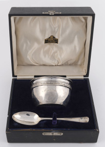 WILLIAM DRUMMOND & Co. sterling silver bowl and spoon in original plush fitted box, Birmingham, circa 1914, the bowl 10cm diameter, 130 grams total