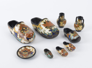 GOUDA Dutch Art Deco pottery miniature clogs (6), pair of vases and a pin dish, circa 1920s, signed "Gouda, Holland", (9 items), the vases 6.5cm high