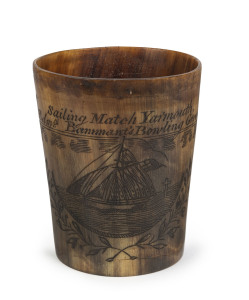 An antique English horn cup engraved with sailing ship "Sailing Match Yarmouth, Edm'd. Bammant's Bowling Green", circa 1830, ​8.5cm high