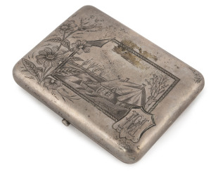 A Russian silver and niello cigarette case, finely crafted with engraved country scene and "M.C." monogram, interior with original gilt finish, by Aleksandr Alekseyevich Smirnov, Moscow, circa 1895, 10cm wide, 155 grams.