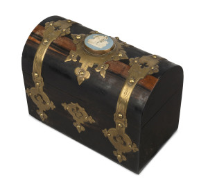 An English dome topped jewellery casket veneered in coromandel with gilt metal fittings and Wedgwood jasper ware porcelain cartouche, circa 1840, 15cm high, 19.5cm wide, 11cm deep