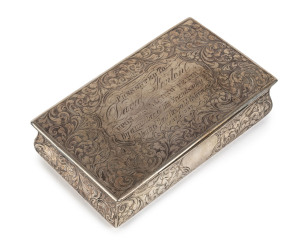 An English sterling silver snuff box engraved " Presented To David Fenton Upon His Leaving Perth By A Number Of His Friends As A Mark Of Their Respect & Esteem, April 1852", made by John Taylor & John Perry, Birmingham, circa 1844. Interior with original 