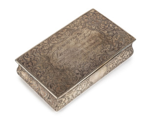 An English sterling silver snuff box engraved " Presented To David Fenton Upon His Leaving Perth By A Number Of His Friends As A Mark Of Their Respect & Esteem, April 1852", made by John Taylor & John Perry, Birmingham, circa 1844. Interior with original gilt wash finish. 10cm wide, 135 grams