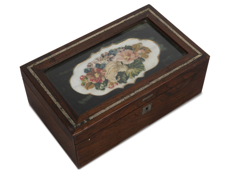 A Georgian workbox, rosewood with silver inlay, window top with very fine silk work floral tapestry, 18th/19th century, 9.5cm high, 25.5cm wide, 15.5cm deep