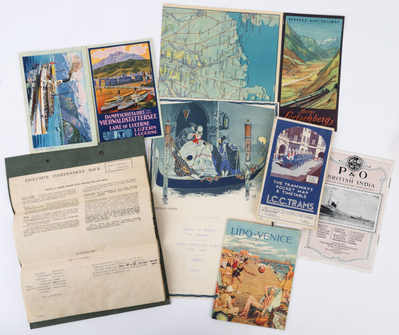 1929 EUROPEAN TOUR TRAVEL EPHEMERA: in three binders incl. Thomas Cook travel itinerary, Ristorante Luna (Venice) breakfast menu with gorgeous gondola illustrations (2), Austrian & Swiss Alps travel brochures incl. winter sports guide, hotel luggage label